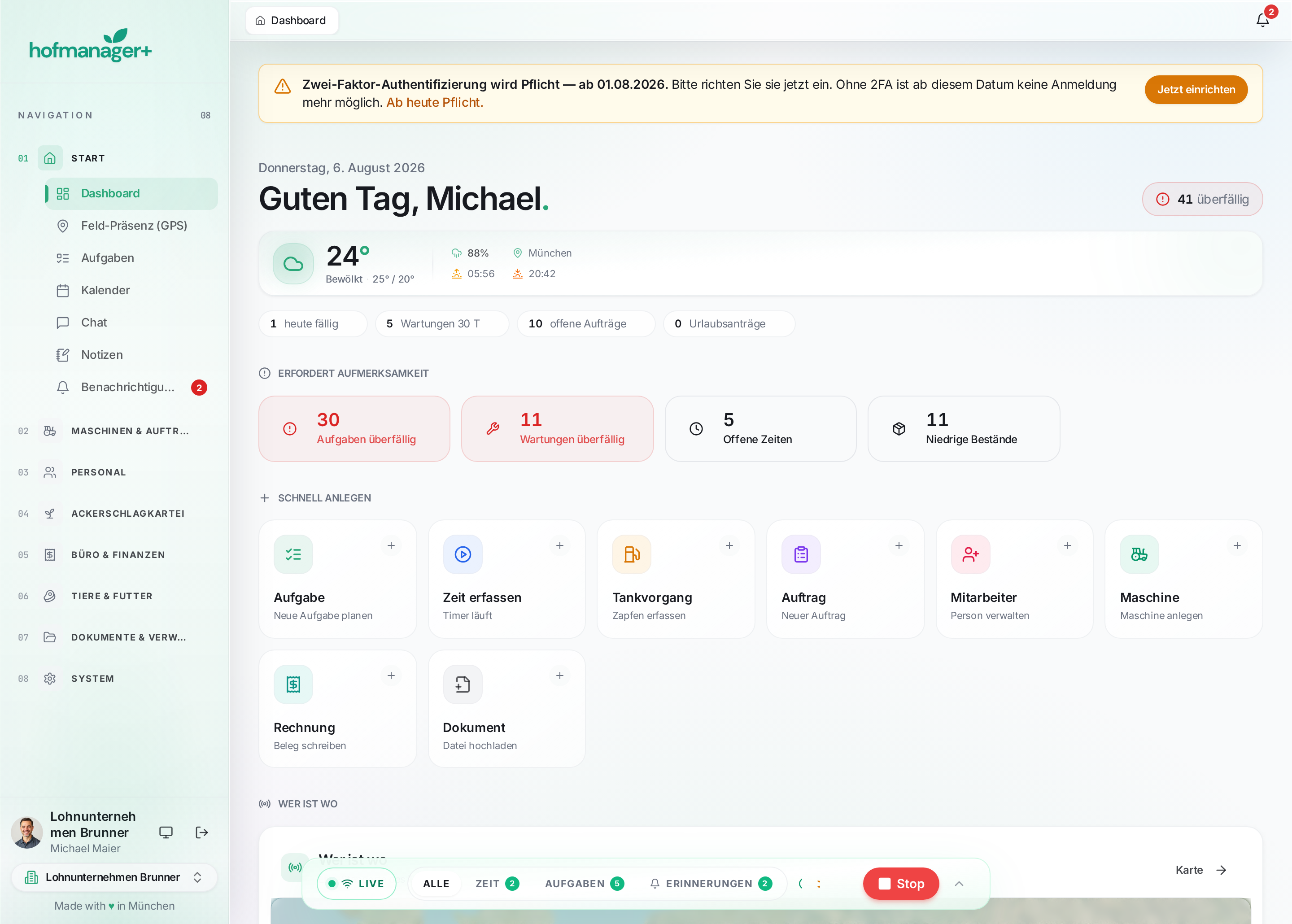 hofmanager+ – Übersicht: Screenshot aus dem Live-System