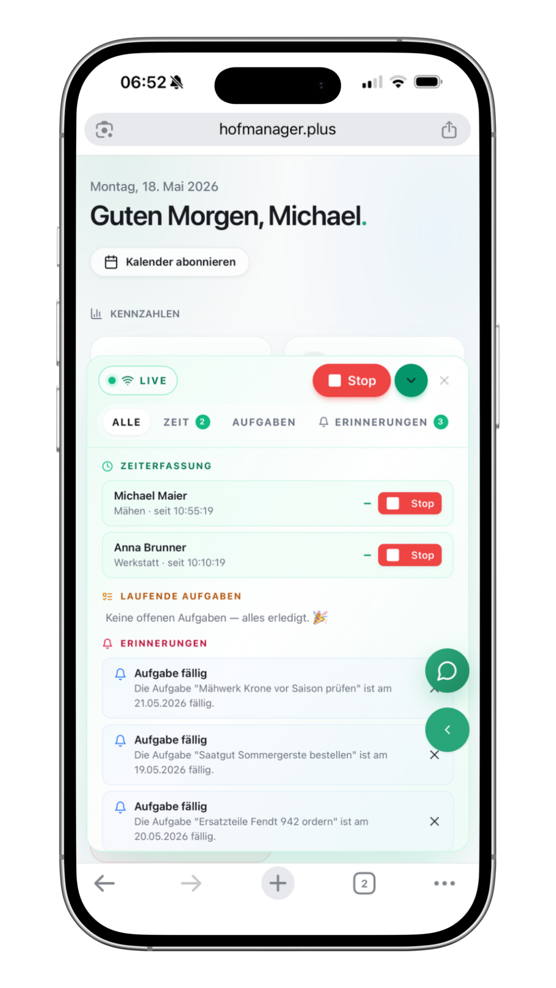 hofmanager+ auf dem Smartphone – mobile Übersicht