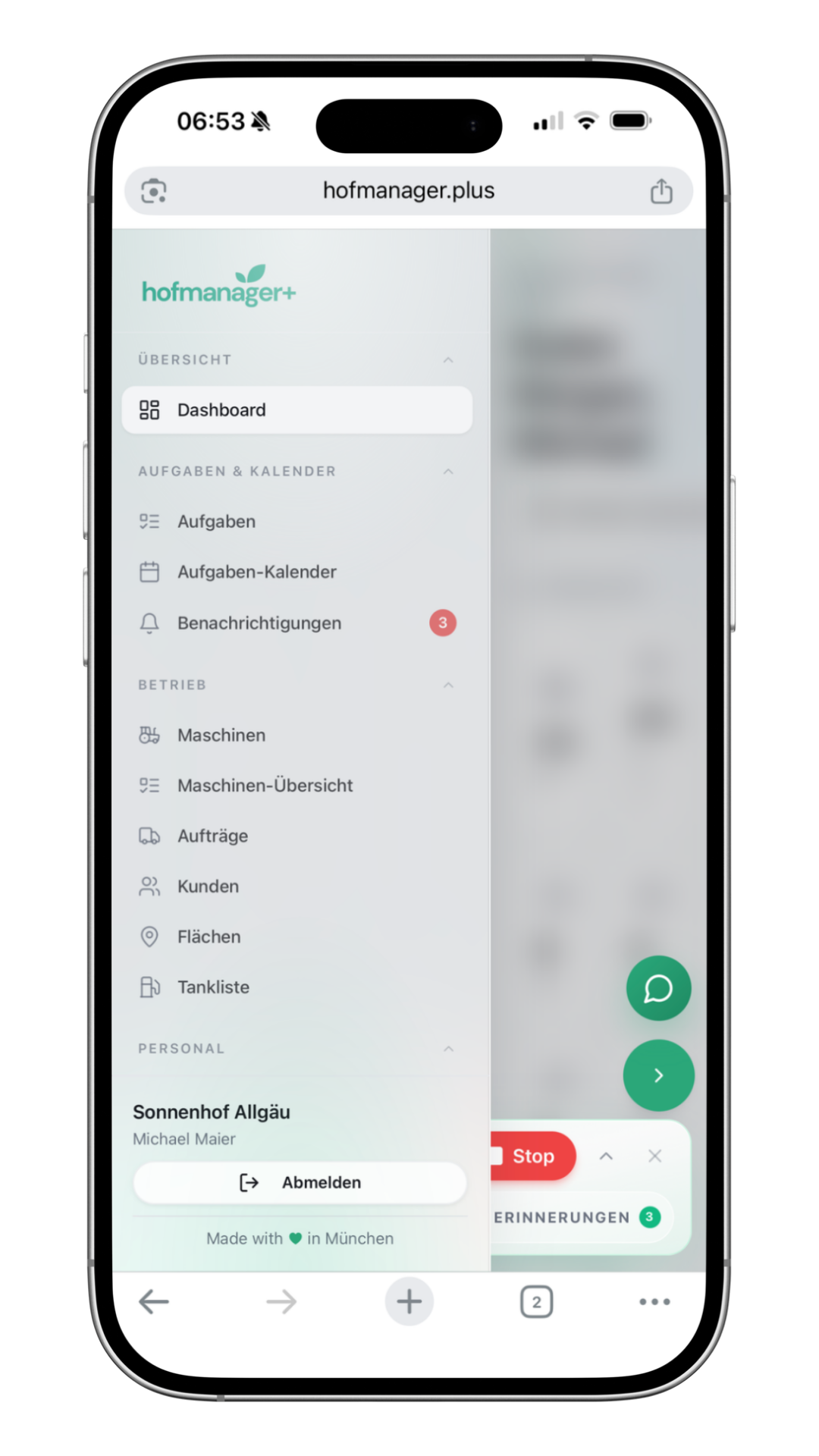 hofmanager+ auf dem Smartphone – Menü
